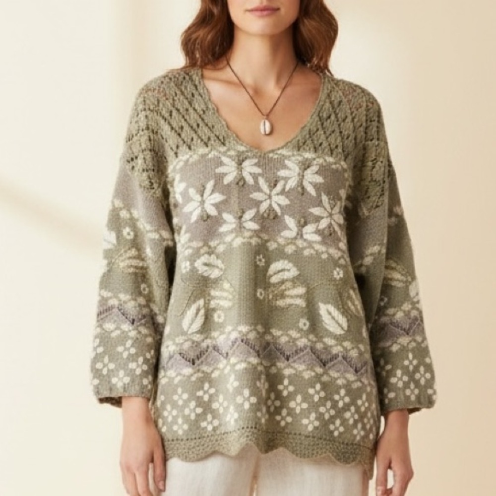 Vintage 90s Tan Floral Embroidered Knit Gold poms Cottagecore Grandma Sweater